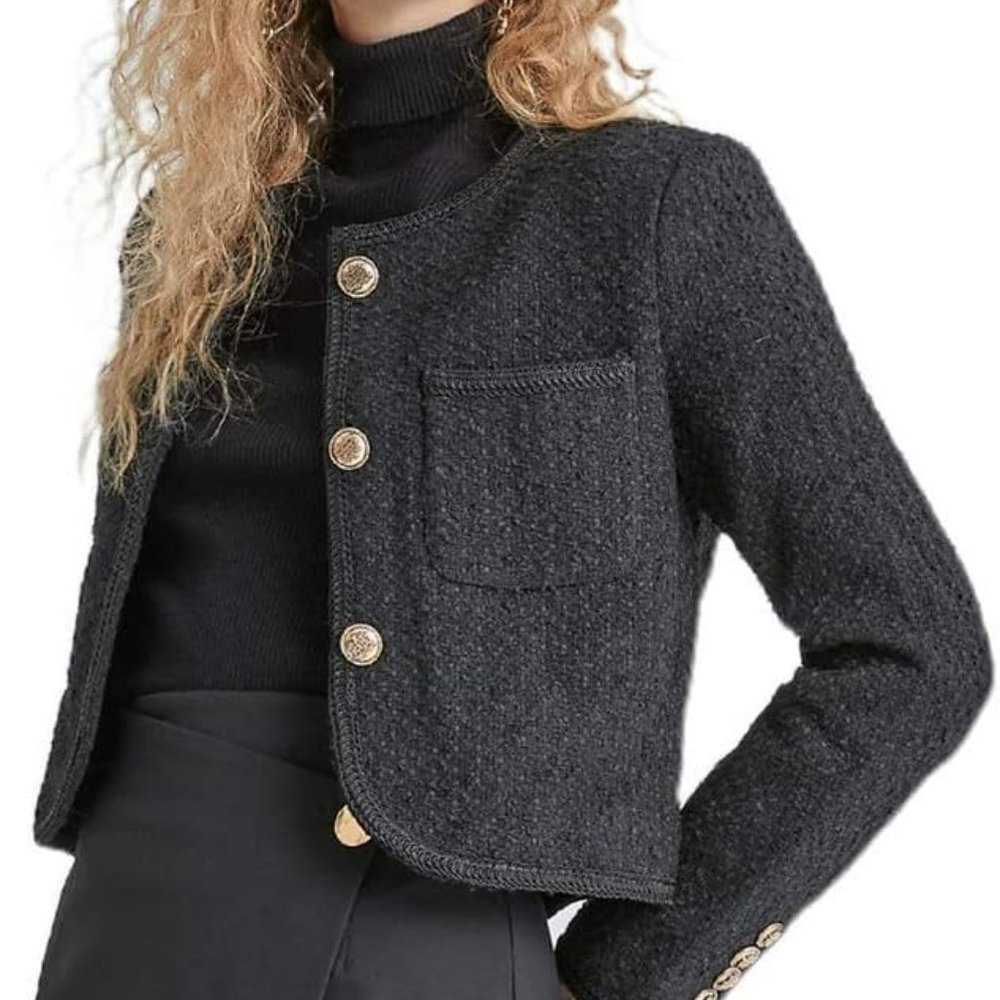 NWT!! URBAN REVIVO Women's Long Sleeve Cropped Tweed Jacket size Large